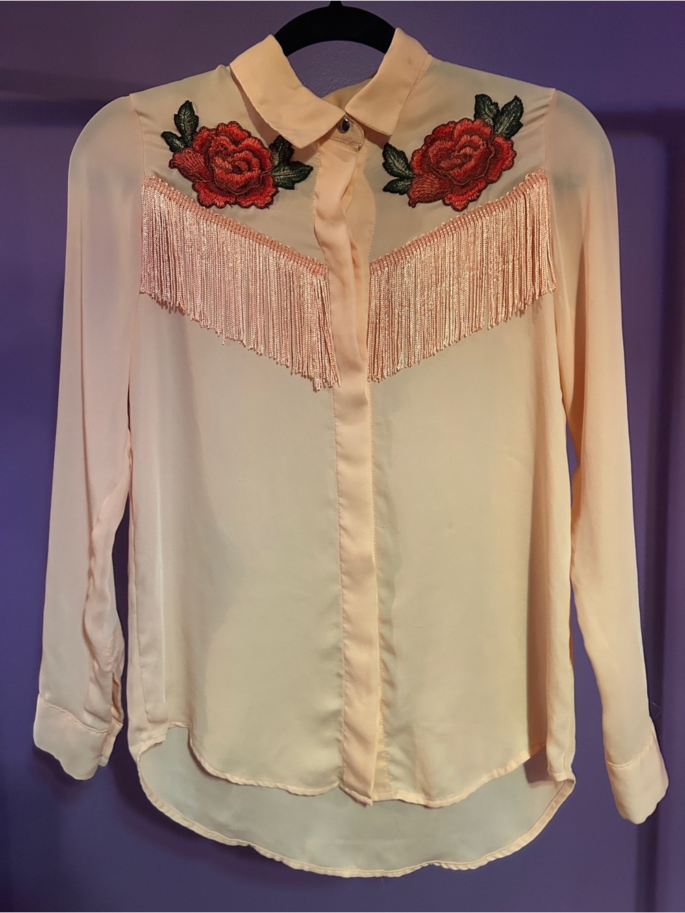 Embroidered Fringe Peach Button-Up Blouse - Western NFR
